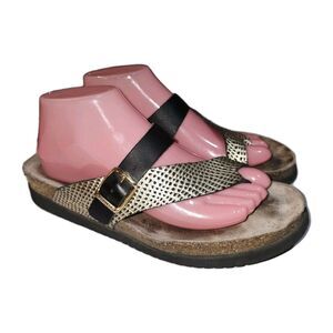 MEPHISTO HELEN Sz 10 Black & Textured Gold Leather Logo Buckle Slip On Sandals